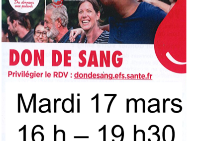 Don de sang – Organisée par l&rsquo;EFS – Mardi 17 mars – De 16 h à 19 h 30 – Espace Léo Lagrange