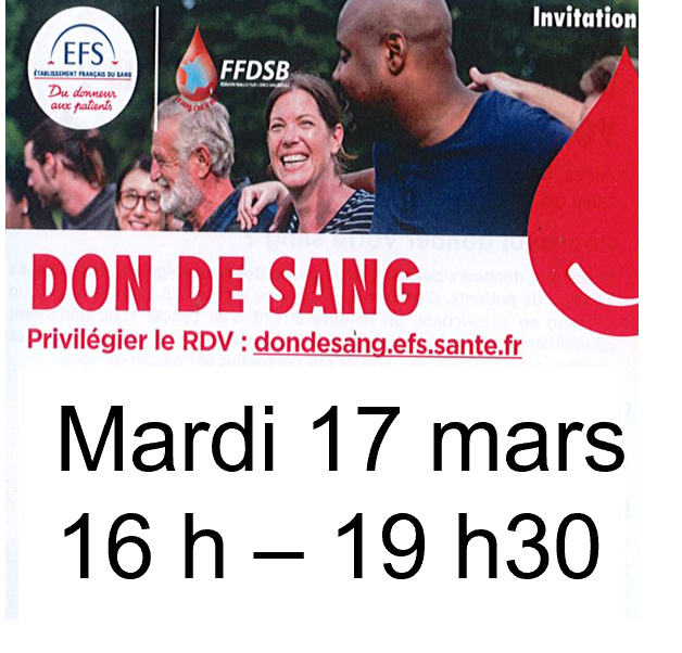 Don de sang – Organisée par l&rsquo;EFS – Mardi 17 mars – De 16 h à 19 h 30 – Espace Léo Lagrange