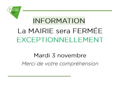Fermeture exceptionnelle de la mairie – Mardi 3 novembre